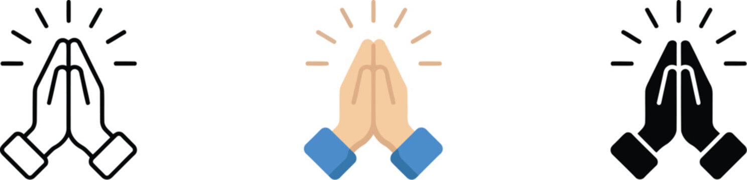 Pray, icon set featuring folded hands in prayer for religion, spirituality and respectful worship, vector illustration.