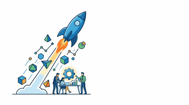 Business rocket launch with team and data visualization