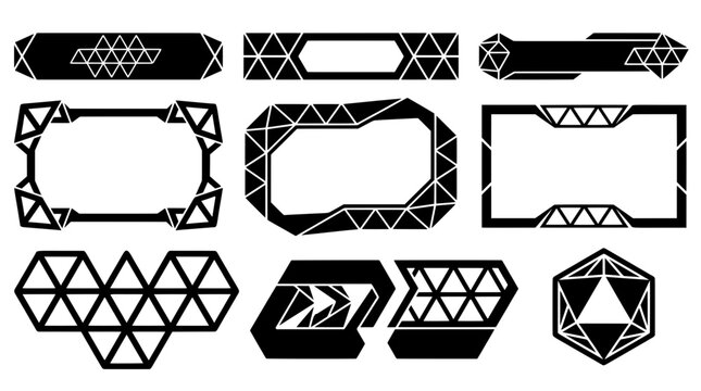 Black and white geometric stencil stream overlay set. Includes icosahedron net grids, triangle mesh webcam frames, and lower thirds for gaming UI