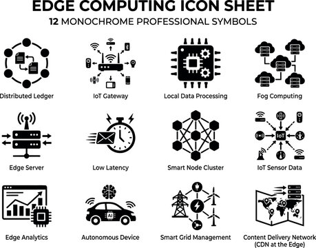 Edge Computing Icon Sheet, 12 Monochrome Icons IoT Gateway Fog Server Autonomous CDN Vector Pack