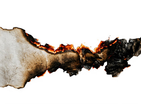 Burnt paper edge with flames on white background  charred and smoldering remains transparent background