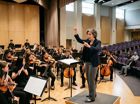 Female conductor leads orchestra of young musicians in a concert hall with audience in background