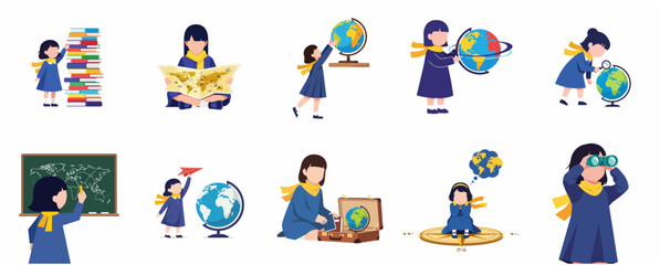 Fototapeta premium Set of flat illustrations showing a young girl exploring the world through geography, education, and travel themes