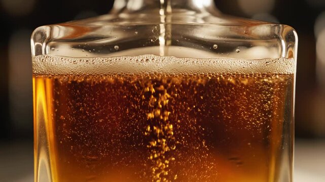 Macro close-up shot of golden amber liquid pouring into a clear square glass container, creating dense carbonation bubbles and a thick layer of white foam against a dark background.