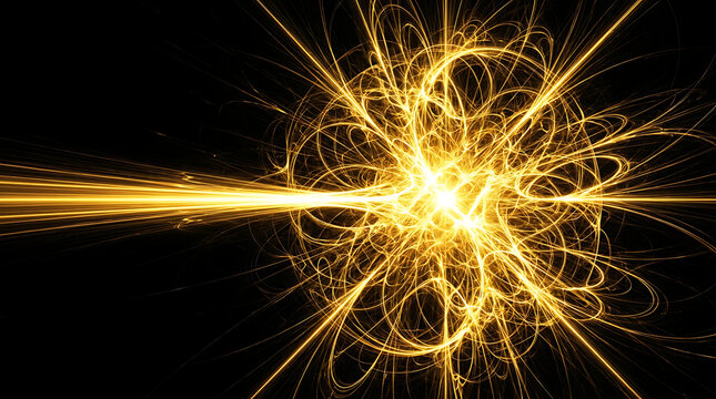Golden atomic particle collision energy event with particle collision explosion research abstract scientific background discovery