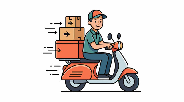 Cartoon man on scooter delivering packages quickly