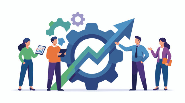 Business team collaborates on growth strategy with data and gears