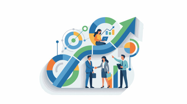 Business team collaborates on upward trend with charts and graphs