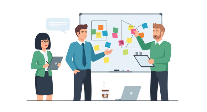 A professional team collaborates on a project, using a whiteboard with sticky notes and digital devices to brainstorm and plan together.