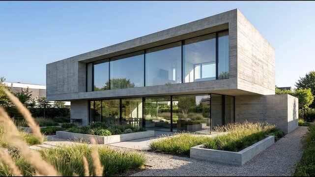 Modern concrete house with large windows surrounded by greenery and garden