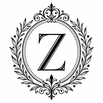Decorative letter Z monogram in vintage laurel wreath frame.
