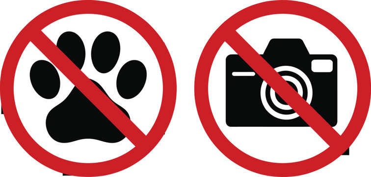 Prohibited, no pets and no photography restriction sign set featuring paw print and camera symbols with red prohibition circles, vector illustration.