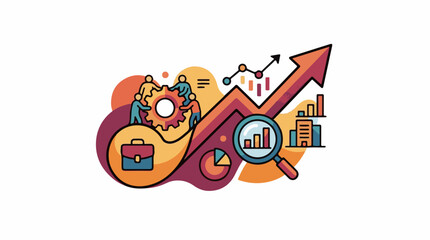 Naklejka premium Business growth analysis with teamwork charts and briefcase icons