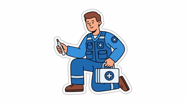 Cartoon medic in blue uniform with medical kit and thermometer