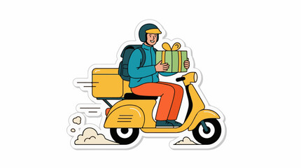 Naklejka premium Cartoon delivery person on a yellow scooter with a gift box