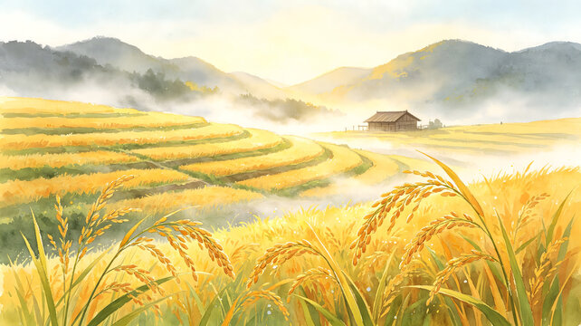 Beginning of Autumn Golden Rice Field Illustration