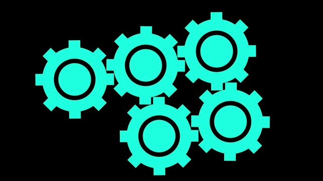 Bright cyan gear wheels connected together in a mechanical industrial pattern on a dark background showing teamwork and engineering progress