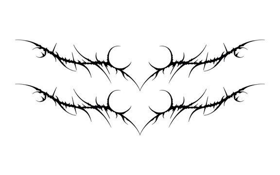 Double stacked cyber sigilism black tattoo stencil graphics. Symmetric neo tribal lower back waistband flash art with sharp thorn hooks