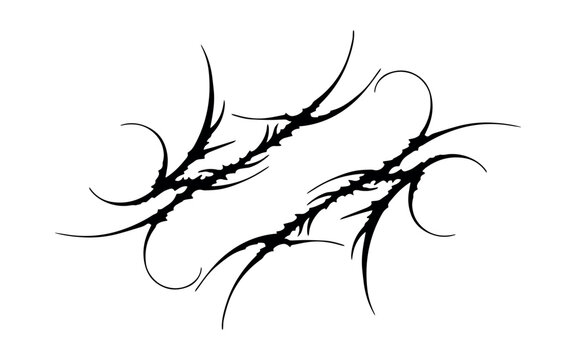 Twin interlocking black neo tribal cyber sigilism tattoo sketches. Distressed spiky dynamic motion path flash art layouts isolated on a white background