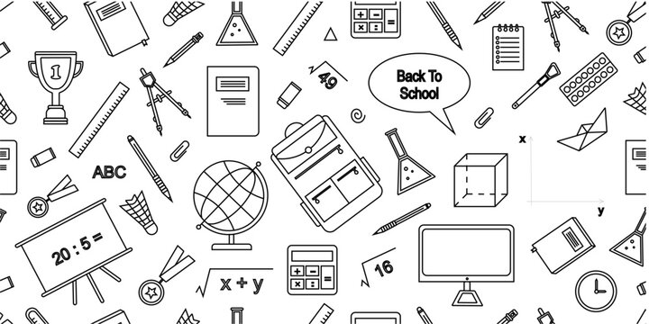 School supplies doodle pattern background. School equipments doodle pattern background. Back to school doodle design. Education themed doodle pattern background.