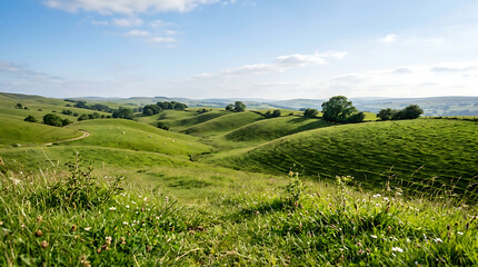 Fototapeta premium Sunlit rolling green landscape with wildflowers landscape wildflowers countryside environment sunlight blooming
