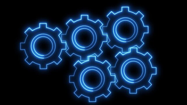 Glowing blue neon gears working together as a mechanical machine concept on a dark background showing teamwork and industrial engineering connectivity for business strategy and technical innovation