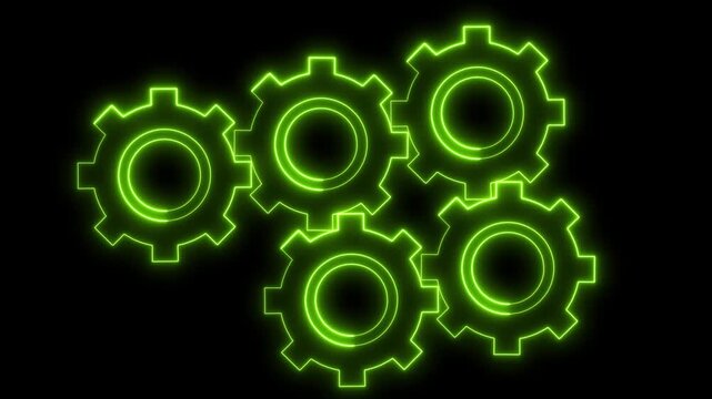 Neon green glowing gear wheels rotating in a mechanical system on a black background representing teamwork and industrial progress for business technology concepts and engineering digital solutions