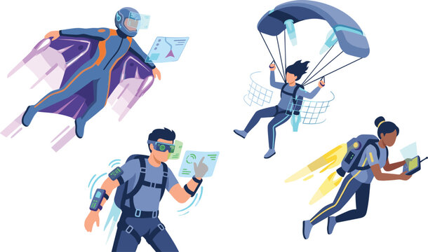 Futuristic extreme sports vector illustration featuring people skydiving wing suit flying and jetpack soaring with high tech holographic interfaces