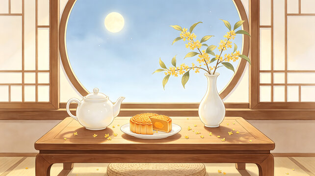 Mid Autumn Osmanthus Mooncake Tea Table Illustration