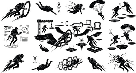 Futuristic jetpack racing and skydiving silhouette set vector icons featuring extreme flight sports with portal obstacles and technology interfaces © Kulsum