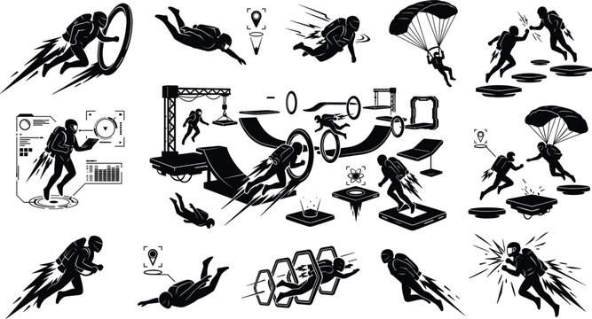 Futuristic jetpack racing and skydiving silhouette set vector icons featuring extreme flight sports with portal obstacles and technology interfaces