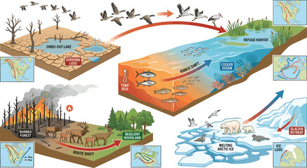 Climate change impacts on wildlife ecosystems vector infographic showing bird migration habitat loss wildfires and melting arctic ice © Kulsum