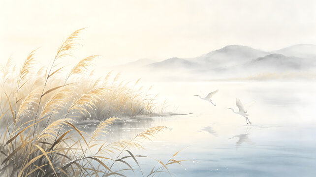 White Dew reeds lakeshore oriental ink background