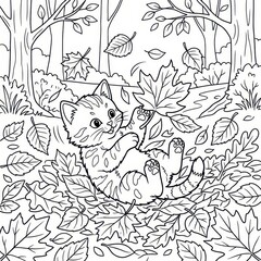Obraz premium Cute kitten playing in autumn leaves coloring page