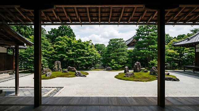 Zen garden view from traditional japanese temple porch with buddhist meditation tranquility traditional architecture landscape peaceful outdoors minimalism serenity