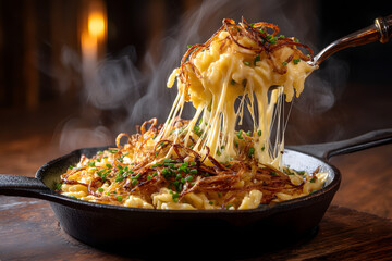 Traditional German Käsespätzle with Melted Cheese and Crispy Onions in Black Cast Iron Skillet © Thisisbest