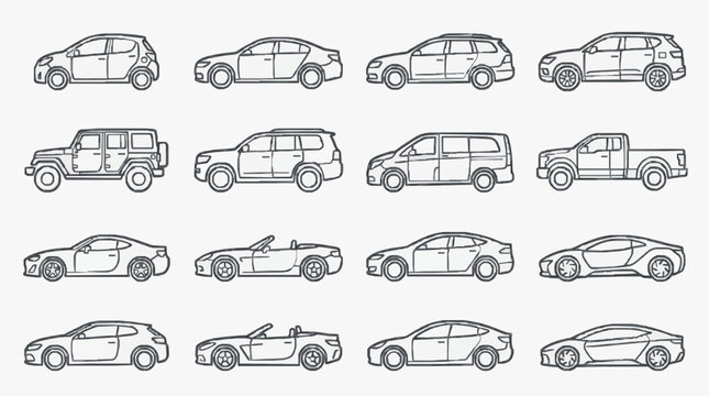 Creative Black and White Line Drawing Set of Diverse Vehicle Outlines for Designers and Illustrators