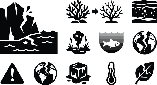 Global warming climate change disaster icon set with melting glaciers coral bleaching methane emissions permafrost thaw and cracked earth vectors