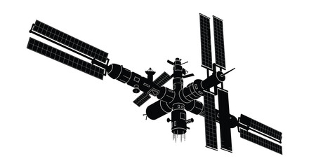 Space station with solar panels and docking modules black silhouette spacecraft © sanu
