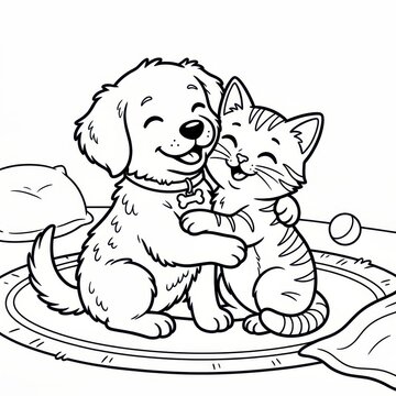 Cute puppy and kitten hugging coloring page