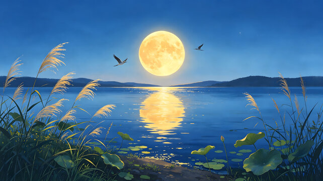Mid Autumn Full Moon Lake Reflection Illustration