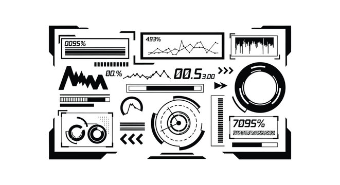Futuristic user interface elements in black silhouette digital display graphic design