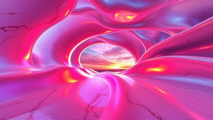 Fototapeta premium Abstract tunnel, vibrant pinks, blues. Light shines through distant opening, creating dramatic effect. Smooth curves dominate composition.