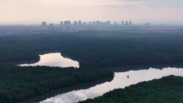 Aerial Drone View Over Sungai Pulai Mangroves with Johor Bahru Skyline