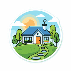 Naklejka premium Charming cartoon house on a green hill under a sunny sky