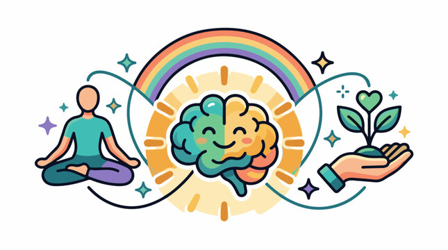 Calm meditation happy brain and caring hand with seedling under rainbow