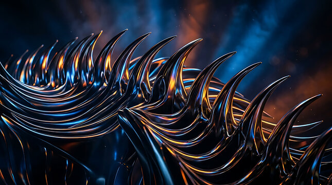 Abstract metallic spikes texture with blue and orange lighting metallic abstract lighting dramatic industrial reflective sculpture geometric structure darkness