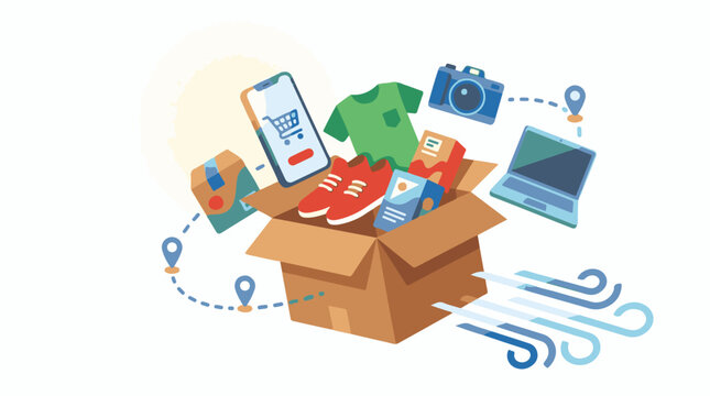 Cardboard box overflows with items digital cart and delivery pins