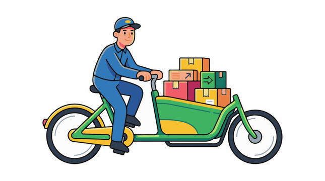Cargo bike courier in blue uniform carrying boxes