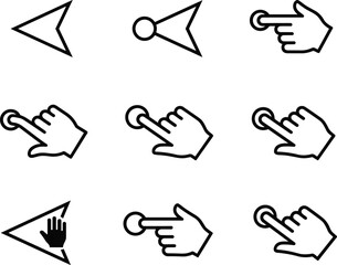 Vector line icons set of touch gestures, clicking hands, pointer arrows, and interactive touchscreen button elements for interface design © Shirin